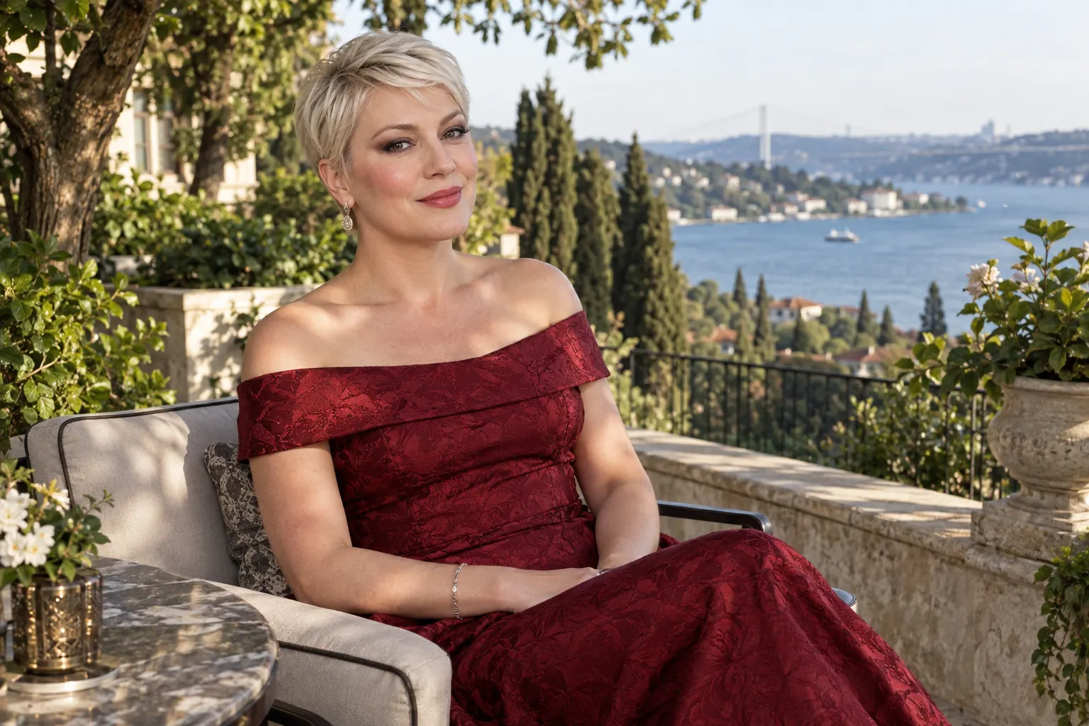 Emirgan teras atmosferinde platin kısa saçlı yakut rengi jakarlı abiyeli yetişkin kurgu trans kadın; yapay zekâyla üretilmiş moda görseli.