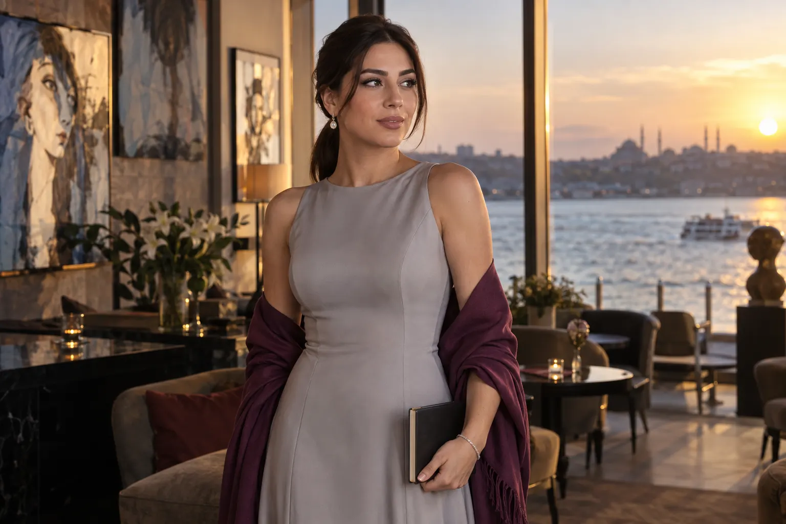 Kadıköy sanat salonu atmosferinde kestane atkuyruklu inci grisi uzun elbiseli yetişkin kurgu trans kadın; yapay zekâyla üretilmiş moda görseli.