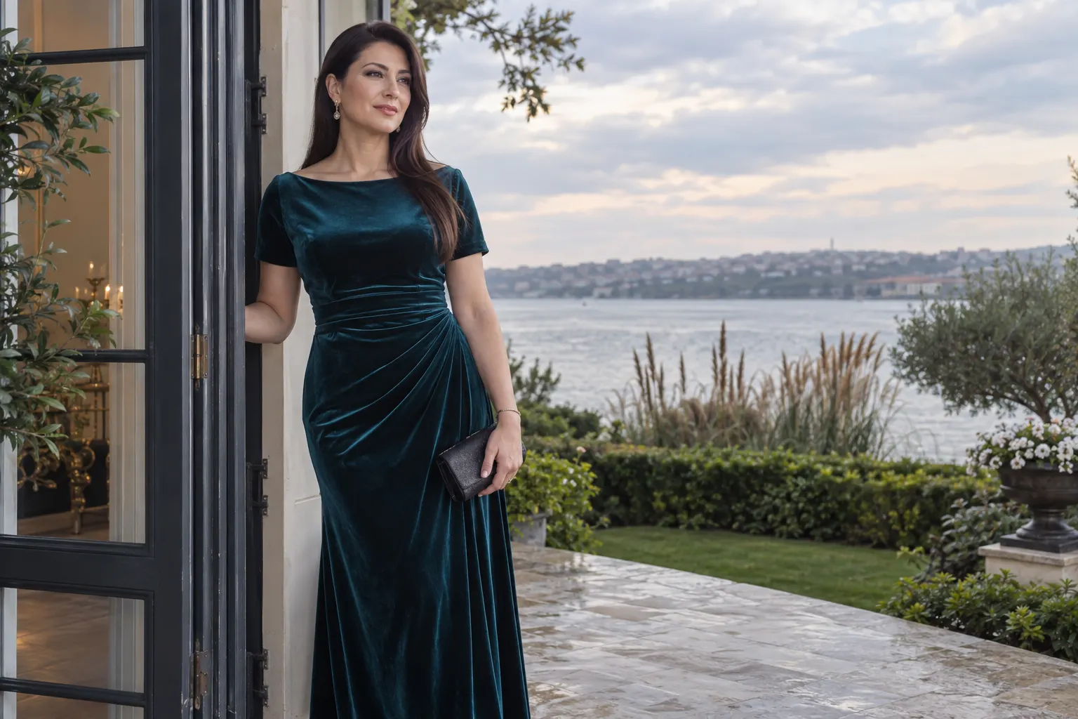 Büyükçekmece kıyı atmosferinde uzun koyu saçlı koyu turkuaz kadife elbiseli yetişkin kurgu trans kadın; yapay zekâyla üretilmiş moda görseli.