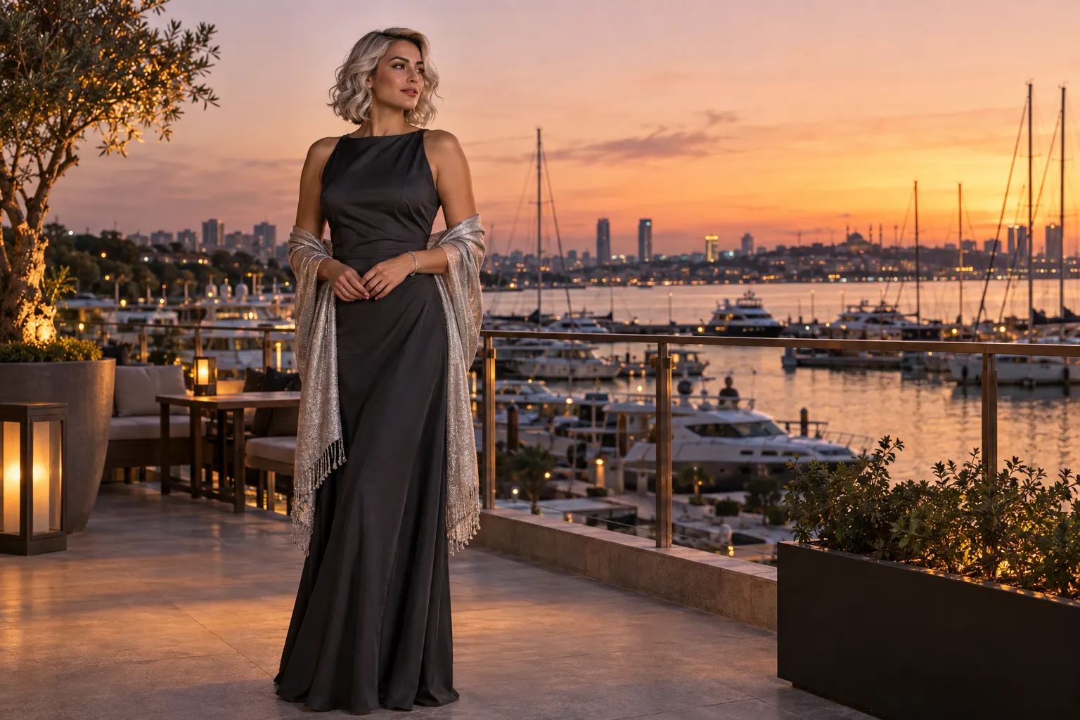 Ataköy marina atmosferinde gümüş sarısı dalgalı saçlı gümüş şallı yetişkin kurgu trans kadın; yapay zekâyla üretilmiş moda görseli.