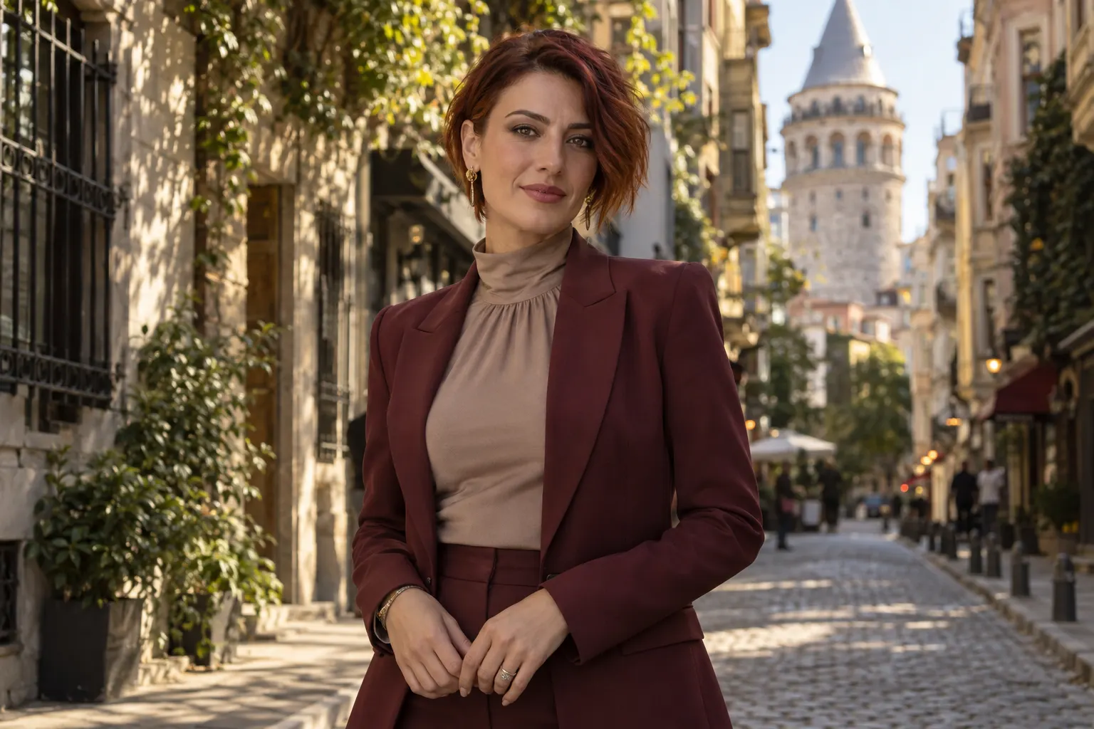 Galata sokak atmosferinde kızıl kısa saçlı bordo takımlı yetişkin kurgu trans kadın; yapay zekâyla üretilmiş moda görseli.