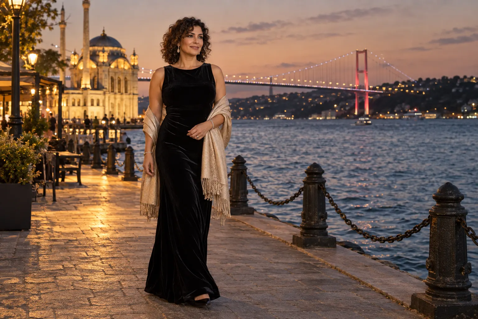 Ortaköy kıyı atmosferinde kahverengi kısa kıvırcık saçlı siyah kadife elbiseli yetişkin kurgu trans kadın; yapay zekâyla üretilmiş moda görseli.