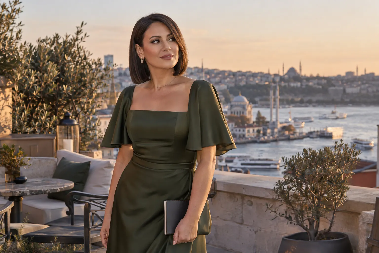 Beşiktaş avlu atmosferinde omuz hizasında koyu saçlı yosun yeşili elbiseli yetişkin kurgu trans kadın; yapay zekâyla üretilmiş moda görseli.